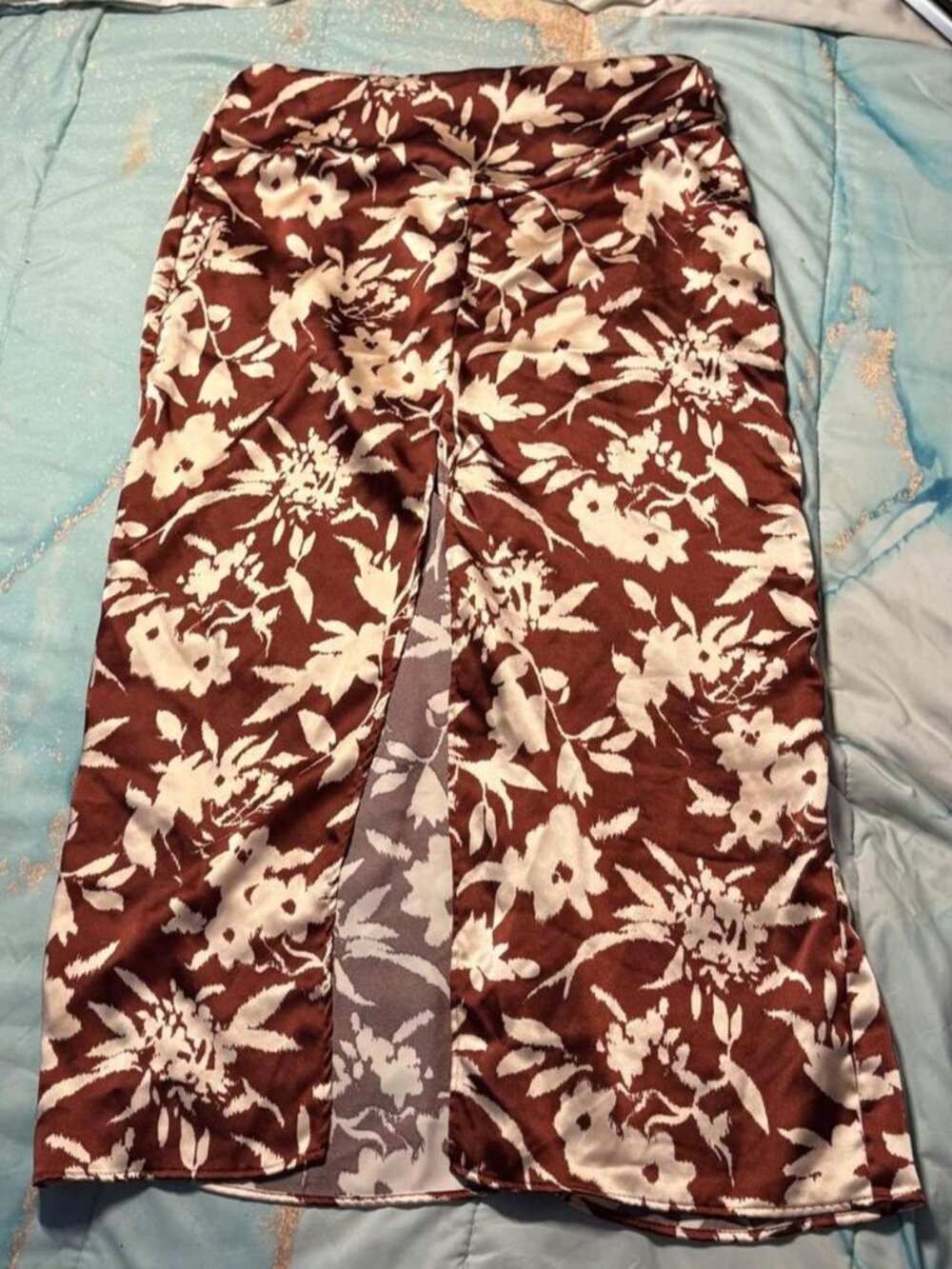Zara satin terracotta and cream floral maxi skirt with slit